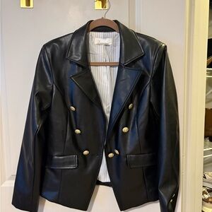Anthropologie Black Leather Jacket with Gold Buttons